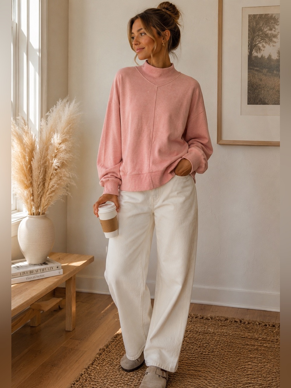 Athleta Super Soft Mock Neck Sweatshirt Blush Pink Balloon Sleeve Large
